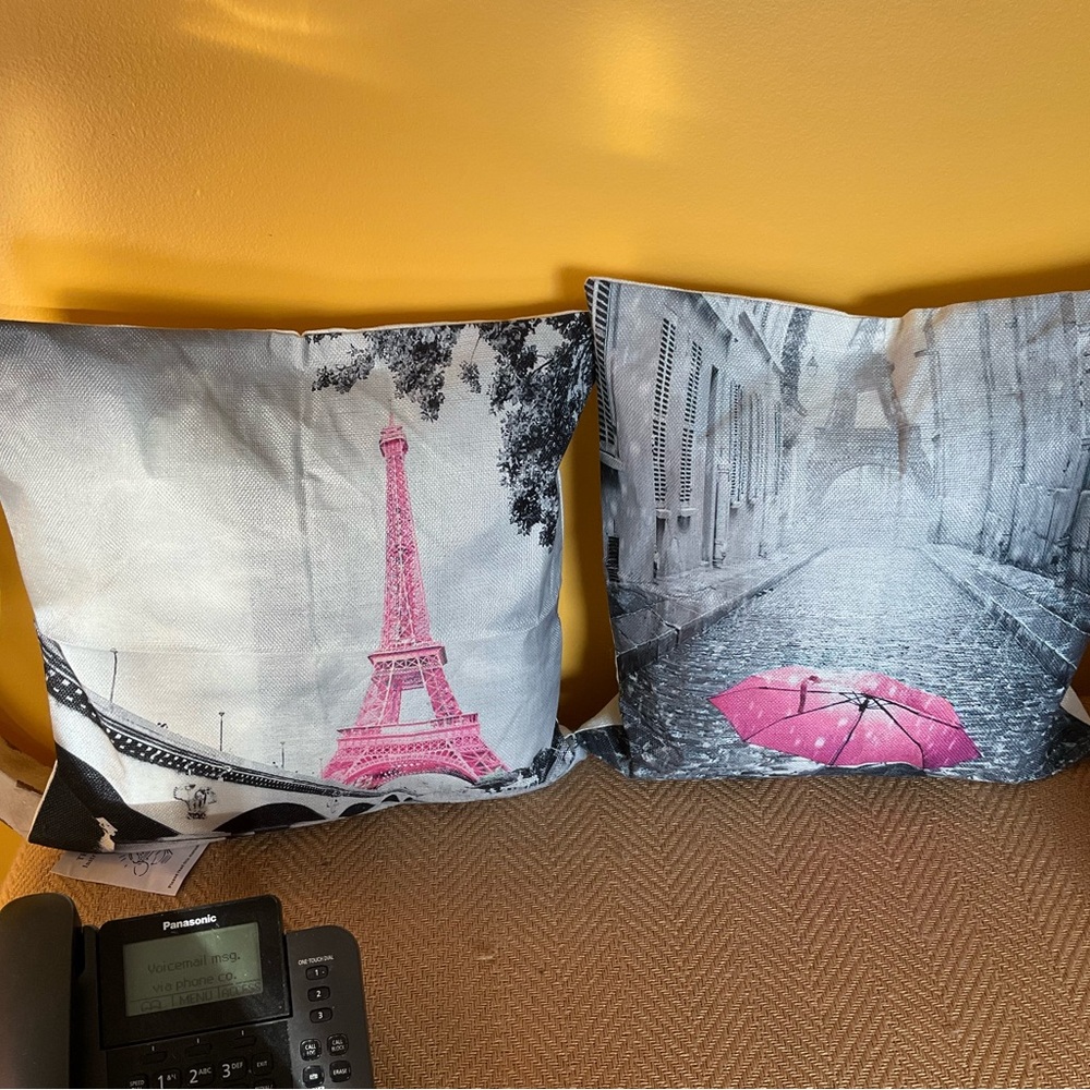 Paris Themed Throw Pillow Set with Pink Accents